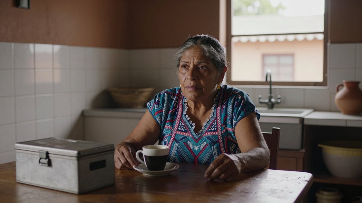 Mujer mexicana pensativa sentada a la mesa de su cocina con café y caja metálica