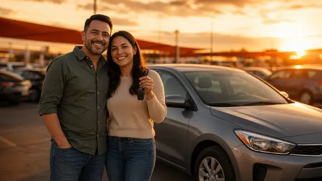Pareja con las llaves de su auto nuevo