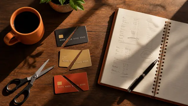 Tarjetas de crédito cortadas junto a una libreta de cuentas