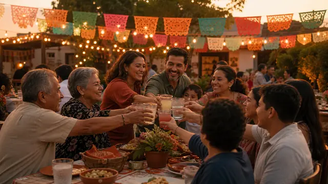 Familia brindando en una fiesta con papel picado