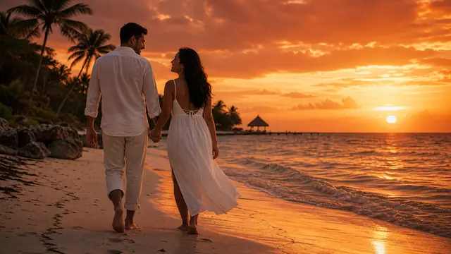 Pareja caminando en la playa al atardecer