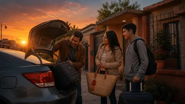 Familia cargando el auto para salir de vacaciones