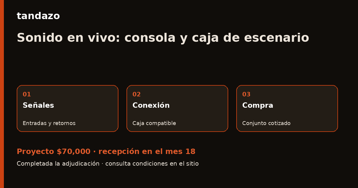 Esquema de planeación de Tandazo: Sonorizas grupos en vivo: prepara consola y caja de escenario. Recibes $70,000 en el mes 18