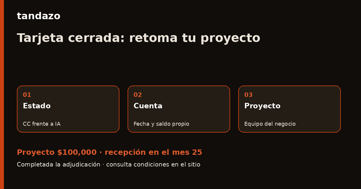 Esquema de planeación de Tandazo: Cerraron tu tarjeta por inactividad: retoma el proyecto de equipo. Recibes $100,000 en el mes 25