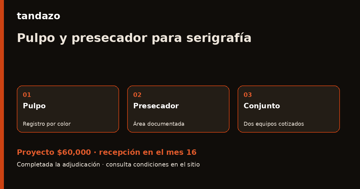 Esquema de planeación de Tandazo: Imprimes varios colores: prepara pulpo y presecador. Recibes $60,000 en el mes 16