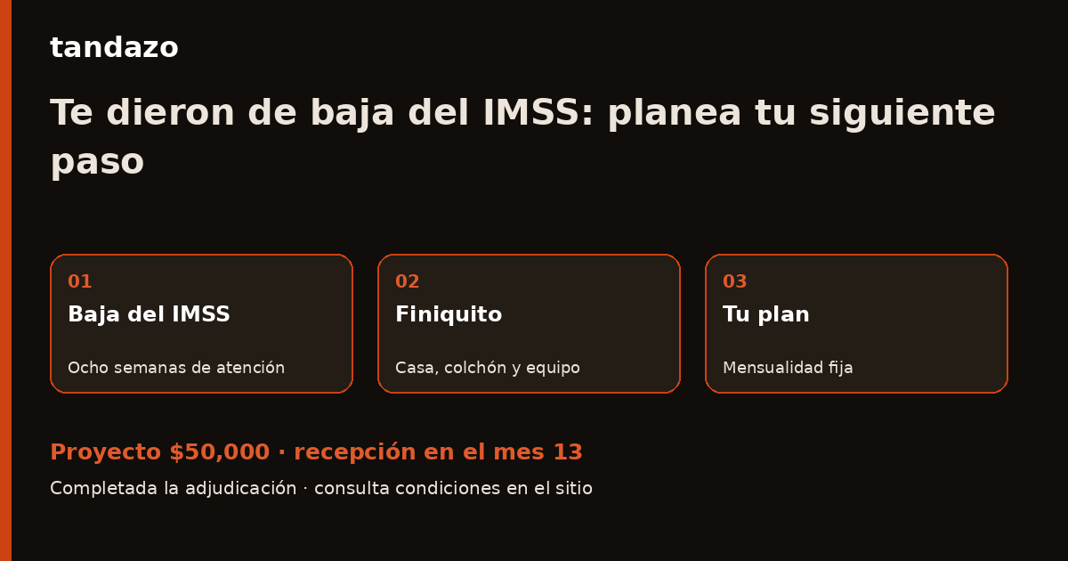 Esquema de planeación de Tandazo: Te dieron de baja del IMSS: usa tus primeras ocho semanas para planear. Recibes $50,000 en el mes 13