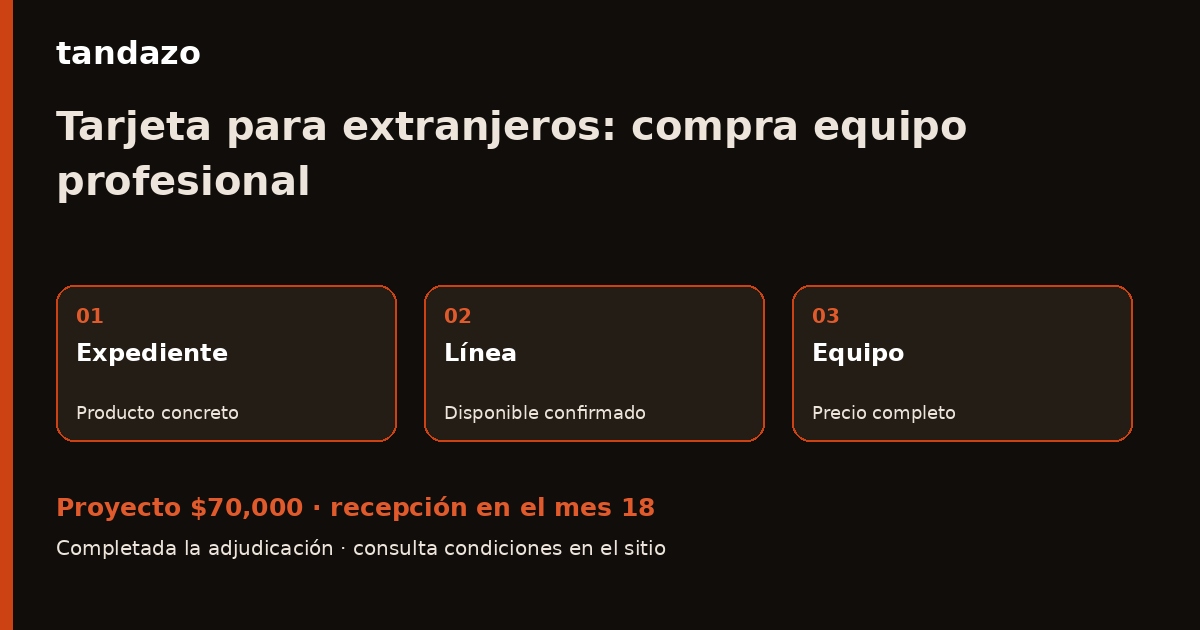 Esquema de planeación de Tandazo: Resides en México: compara tarjeta y compra de equipo. Recibes $70,000 en el mes 18